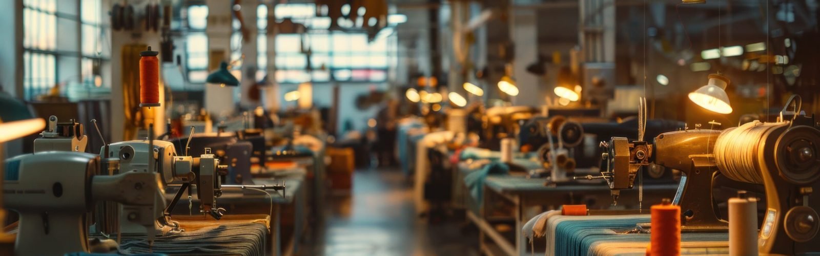 Garment factory interior with rows of industrial sewing machines. ai generated image